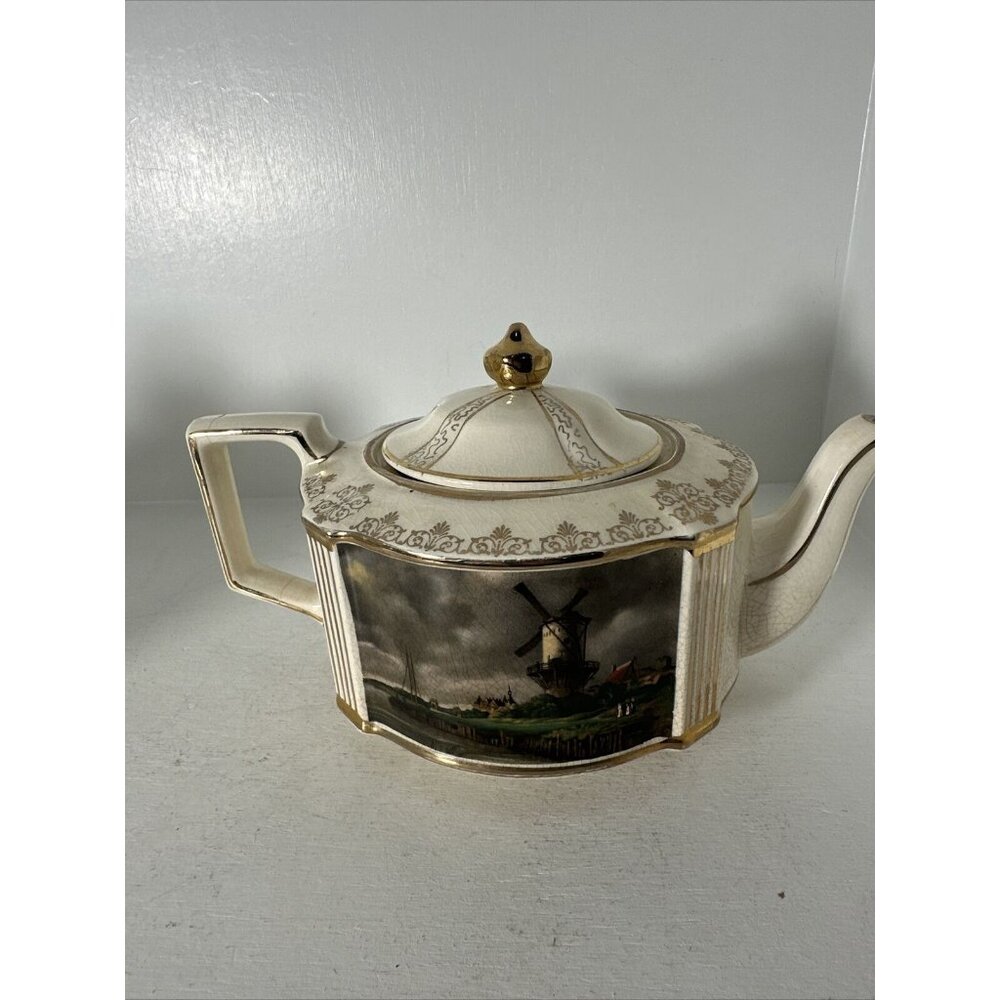 James Sadler Teapot Scenic Ship Landmark Retro Vintage Gold SmCrack In Handle